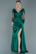 Длинное Атласное Вечернее Платье Изумрудно-зеленый ABU2401