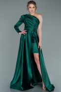 Длинное Атласное Вечернее Платье Изумрудно-зеленый ABU2381