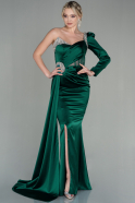 Длинное Атласное Вечернее Платье Изумрудно-зеленый ABU2831