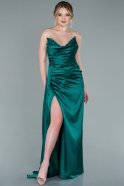 Длинное Атласное Вечернее Платье Изумрудно-зеленый ABU2323