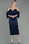 Миди Атласное Пригласительное Платье Темно-синий ABK1676