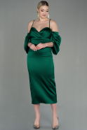 Миди Атласное Пригласительное Платье Изумрудно-зеленый ABK1676
