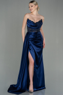 Длинное Атласное Вечернее Платье Темно-синий ABU3683