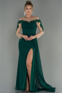 Длинное Шифоновое Вечернее Платье Изумрудно-зеленый ABU3012