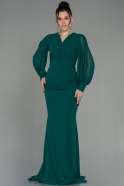 Длинное Шифоновое Вечернее Платье Изумрудно-зеленый ABU3056