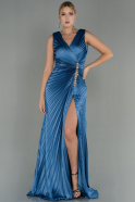Длинное Атласное Вечернее Платье Индиго ABU3051