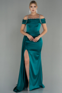 Длинное Атласное Вечернее Платье Изумрудно-зеленый ABU3058