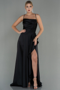 Длинное Атласное Выпускное Платье Черный ABU3068