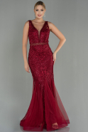 Длинное Кружевное Вечернее Платье Бордовый ABU1611