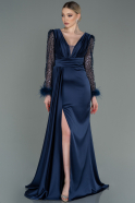 Длинное Атласное Вечернее Платье Темно-синий ABU3080