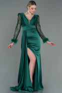 Длинное Атласное Вечернее Платье Изумрудно-зеленый ABU3080