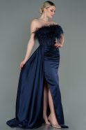 Длинное Атласное Вечернее Платье Темно-синий ABU3091