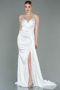 Длинное Атласное Вечернее Платье Белый ABU3095