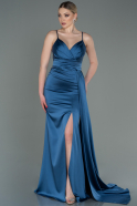 Длинное Атласное Вечернее Платье Индиго ABU3095