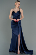Длинное Атласное Вечернее Платье Темно-синий ABU3095