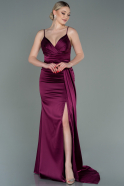Длинное Атласное Вечернее Платье Сливовый ABU3095