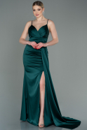 Длинное Атласное Вечернее Платье Изумрудно-зеленый ABU3095