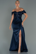 Длинное Атласное Вечернее Платье Темно-синий ABU3100