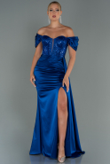 Длинное Атласное Вечернее Платье Ярко-синий ABU3100