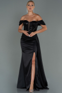 Длинное Атласное Вечернее Платье Черный ABU3100