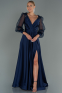 Длинное Атласное Вечернее Платье Темно-синий ABU2830