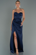 Длинное Атласное Выпускное Платье Темно-синий ABU3094