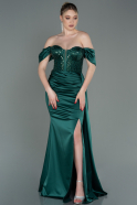 Длинное Атласное Вечернее Платье Изумрудно-зеленый ABU3100