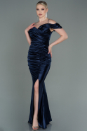 Длинное Атласное Вечернее Платье Темно-синий ABU3139