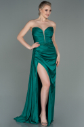 Длинное Атласное Вечернее Платье Изумрудно-зеленый ABU2847