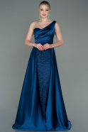 Длинное Атласное Вечернее Платье Темно-синий ABU2933