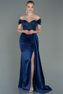 Длинное Атласное Вечернее Платье Темно-синий ABU3187