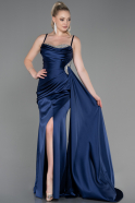 Длинное Атласное Вечернее Платье Темно-синий ABU2704