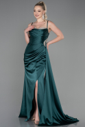 Длинное Атласное Вечернее Платье Изумрудно-зеленый ABU2792