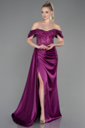 Длинное Атласное Вечернее Платье Сливовый ABU3818
