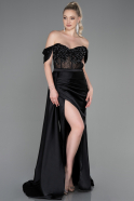 Длинное Атласное Вечернее Платье Черный ABU3895