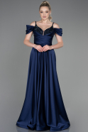 Длинное Атласное Вечернее Платье Темно-синий ABU3226