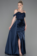 Длинное Атласное Вечернее Платье Темно-синий ABU3227