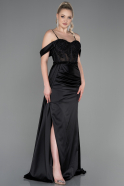 Длинное Атласное Вечернее Платье Черный ABU3227