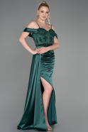 Длинное Атласное Вечернее Платье Изумрудно-зеленый ABU3227