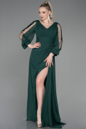 Длинное Шифоновое Вечернее Платье Изумрудно-зеленый ABU3220