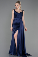 Длинное Атласное Вечернее Платье Темно-синий ABU3235