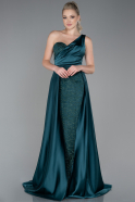 Длинное Атласное Вечернее Платье Изумрудно-зеленый ABU2933
