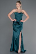 Длинное Атласное Вечернее Платье Изумрудно-зеленый ABU3248