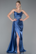 Длинное Атласное Вечернее Платье Индиго ABU3998