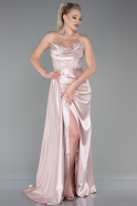 Длинное Атласное Вечернее Платье Пудровый ABU3896