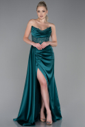 Длинное Атласное Вечернее Платье Изумрудно-зеленый ABU3998
