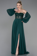 Длинное Шифоновое Вечернее Платье Изумрудно-зеленый ABU3999