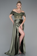 Длинное Атласное Вечернее Платье Хаки ABU3997