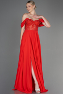Длинное Шифоновое Вечернее Платье Оранжево-Красный ABU3310