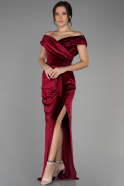Длинное Велюровое Вечернее Платье Бордовый ABU3330
